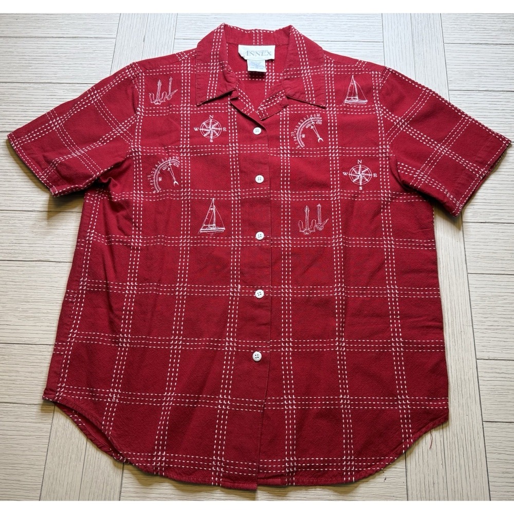 VTG Casual Corner Red Nautical Embroidered Compass Sailboat SS Button Up Shirt M